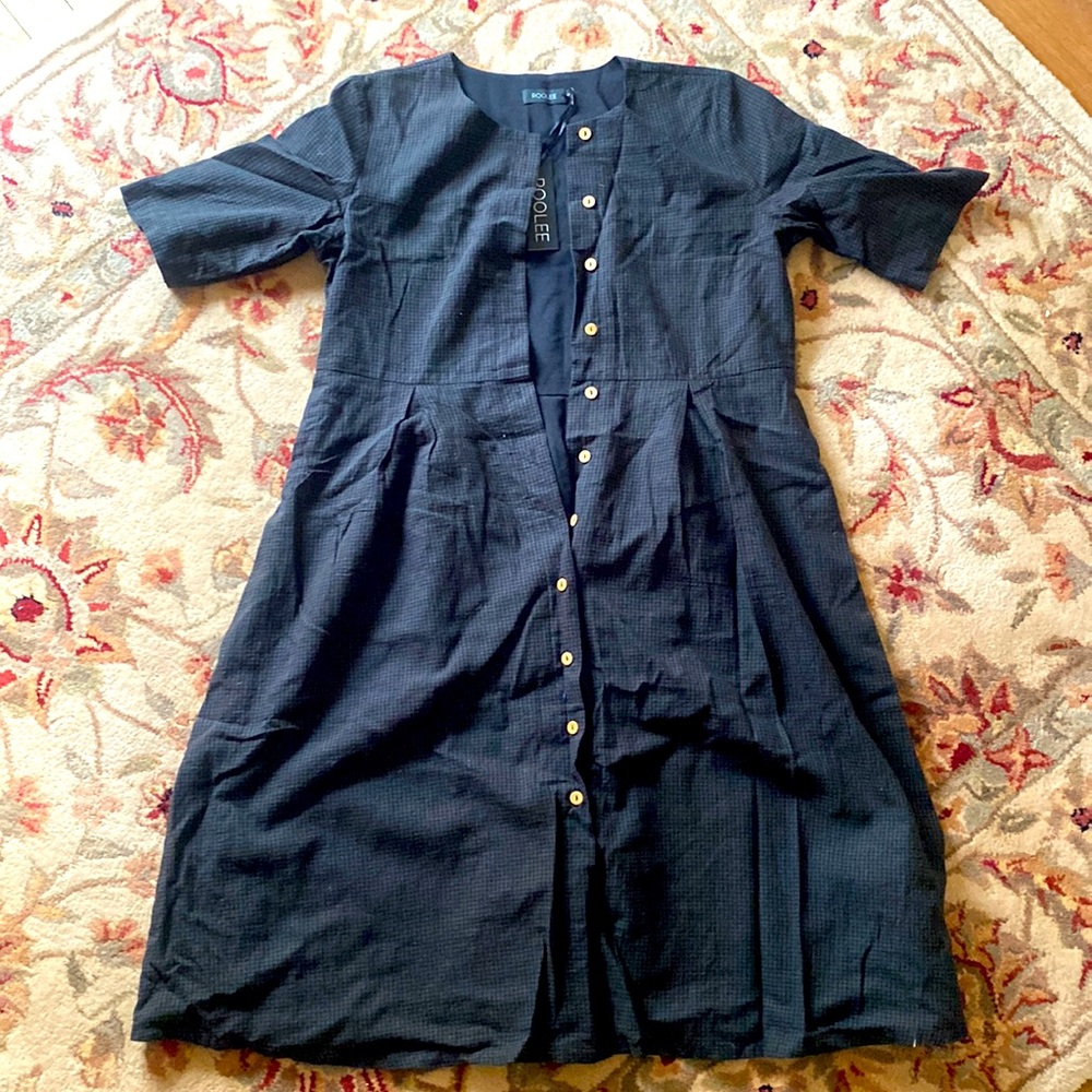 Roolee never worn plaid “farm dress”. Wooden buttons, black, green, navy colors